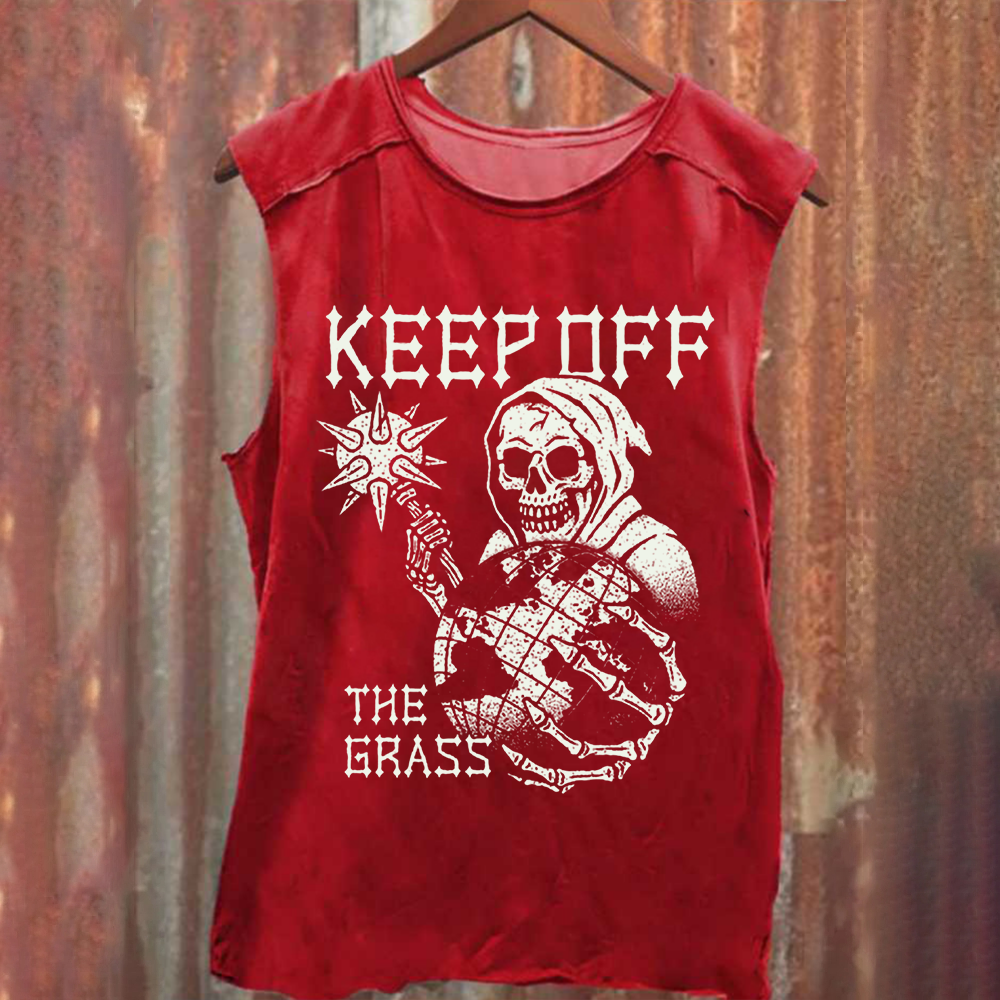 Unisex Vintage Washed Keep Off The Grass Skull Tank Top
