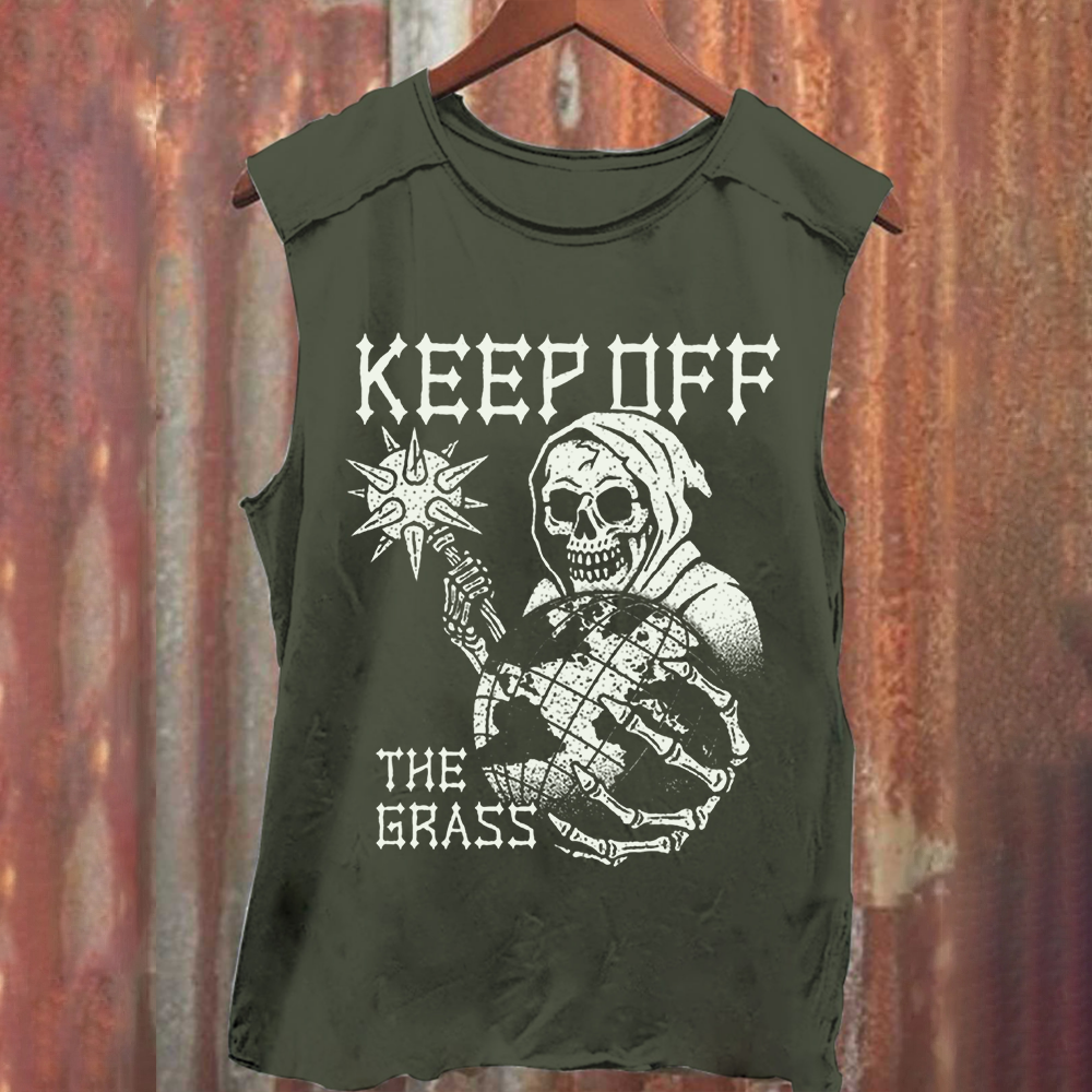 Unisex Vintage Washed Keep Off The Grass Skull Tank Top