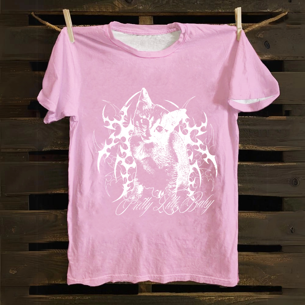 Unisex Vintage Pretty Little Cat Cotton T-Shirt