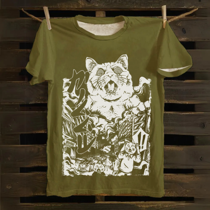 Unisex Vintage  Monster Cat Cotton T-Shirt