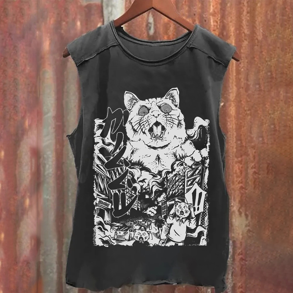 Unisex Vintage Washed Monster Cat Tank Top