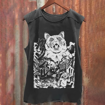 Unisex Vintage Washed Monster Cat Tank Top