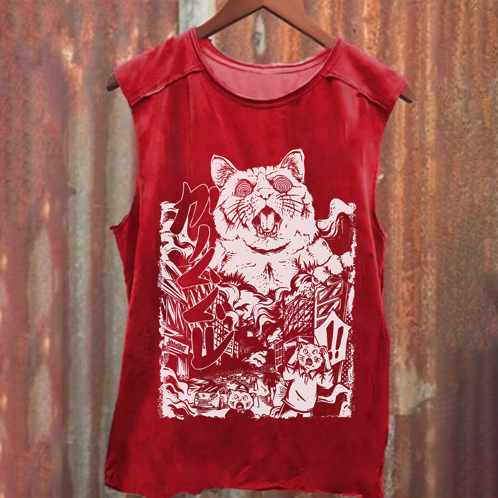 Unisex Vintage Washed Monster Cat Tank Top