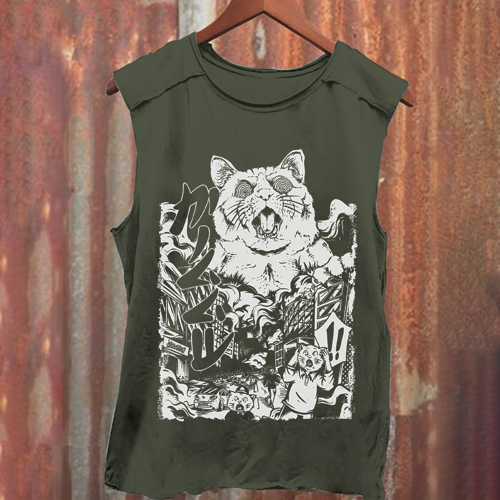 Unisex Vintage Washed Monster Cat Tank Top