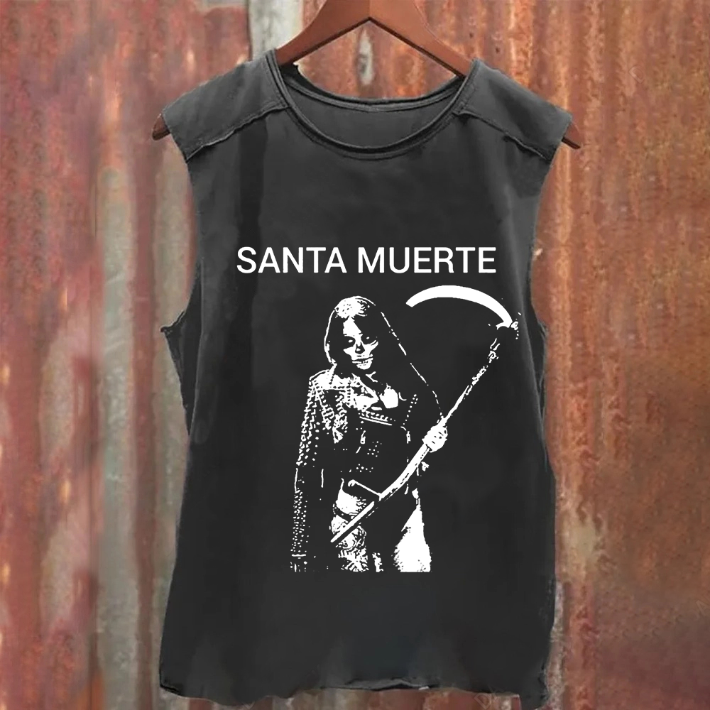 Unisex Vintage Washed Santa Muerte Art Illustration Tank Top
