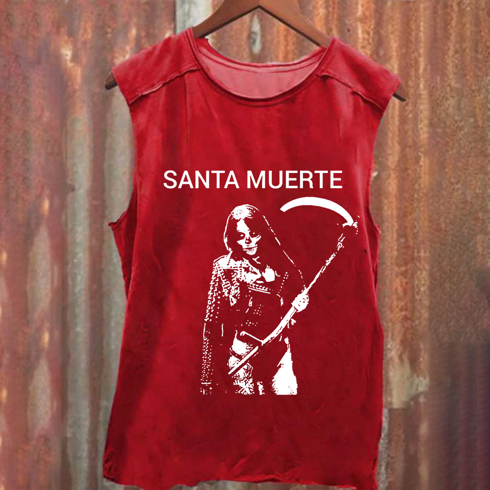 Unisex Vintage Washed Santa Muerte Art Illustration Tank Top