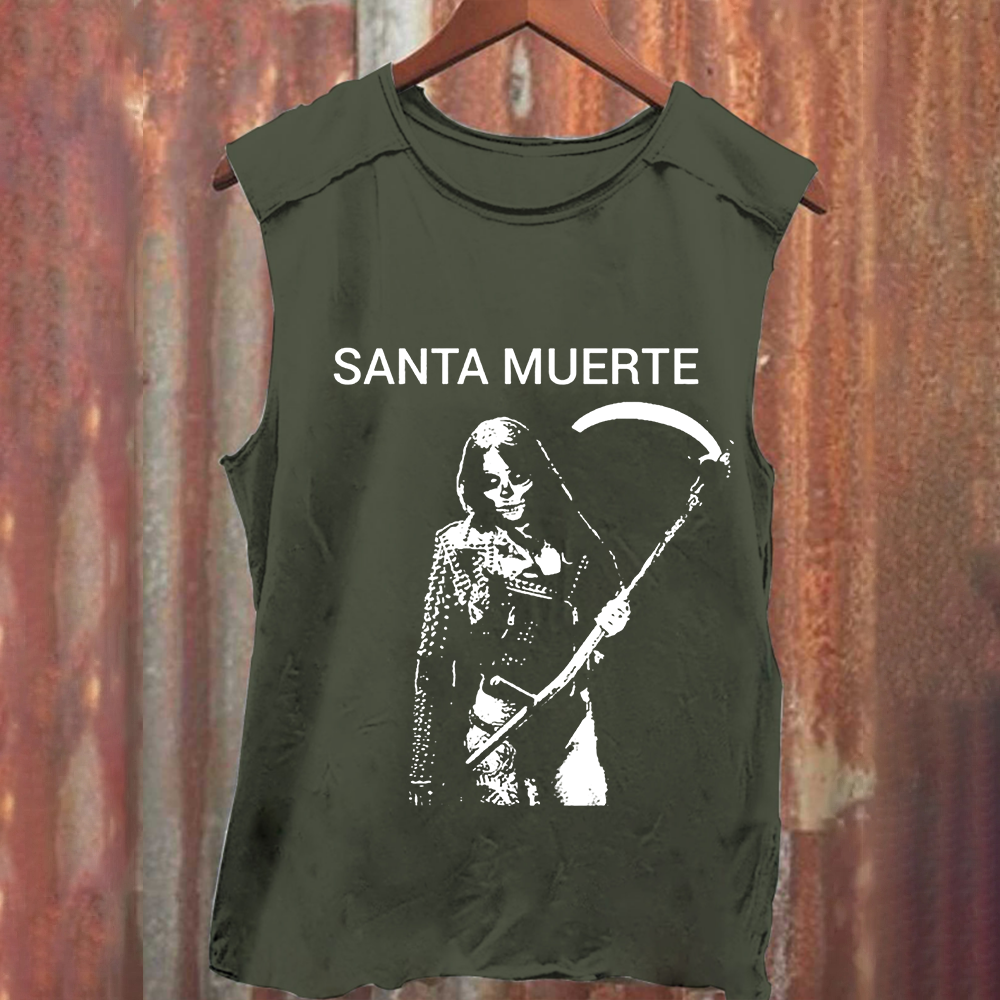 Unisex Vintage Washed Santa Muerte Art Illustration Tank Top