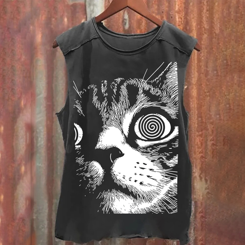 Psychedelic Cat Graphic Print Tank Top