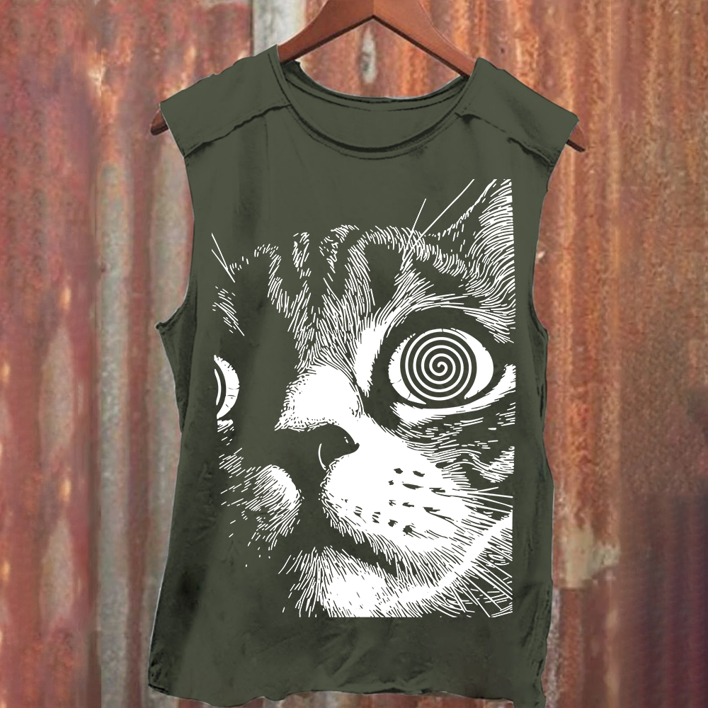 Psychedelic Cat Graphic Print Tank Top