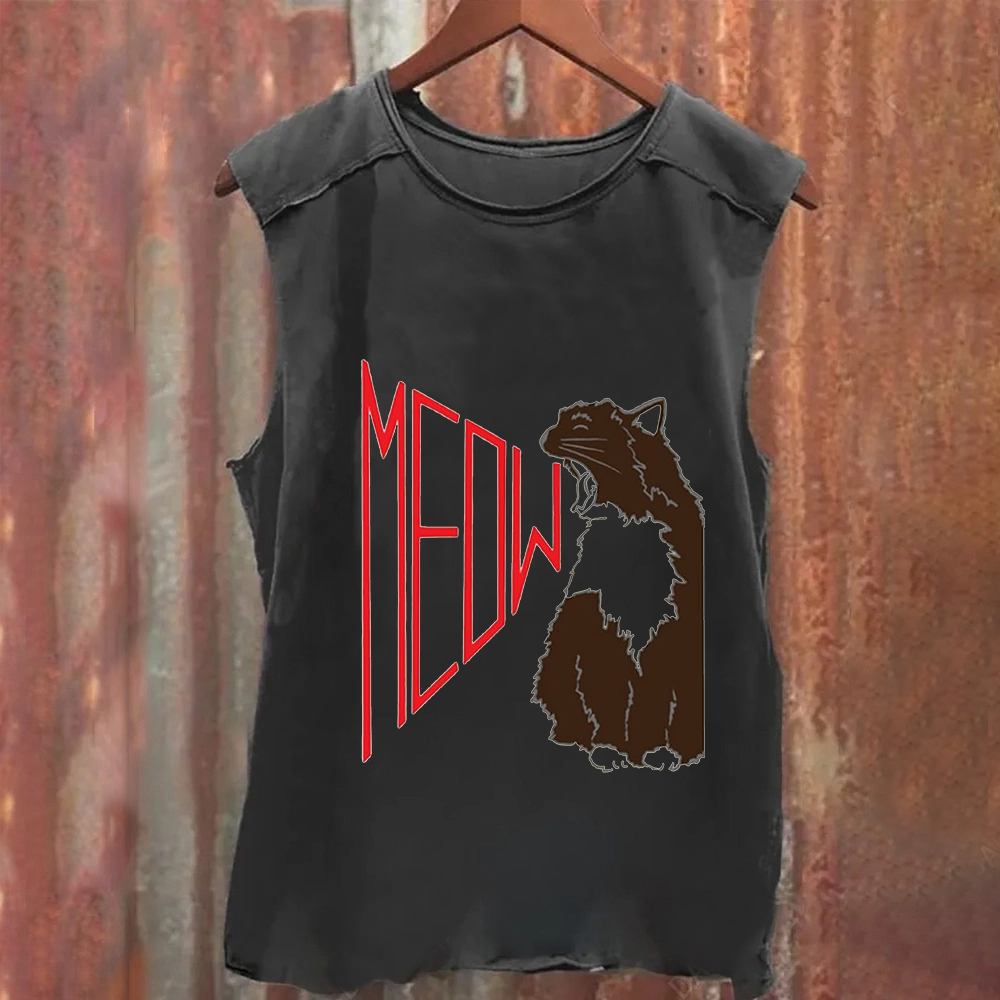 Meow Cat Print Casual Tank Top