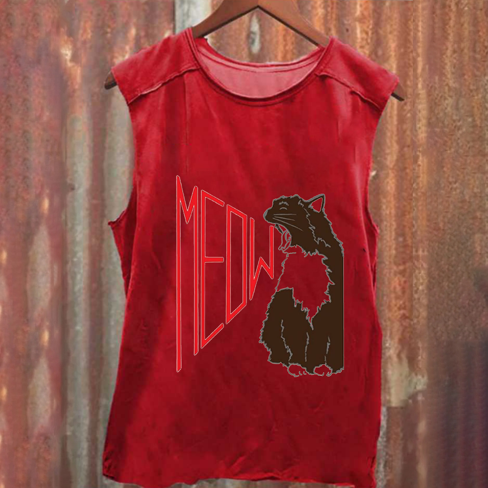 Meow Cat Print Casual Tank Top