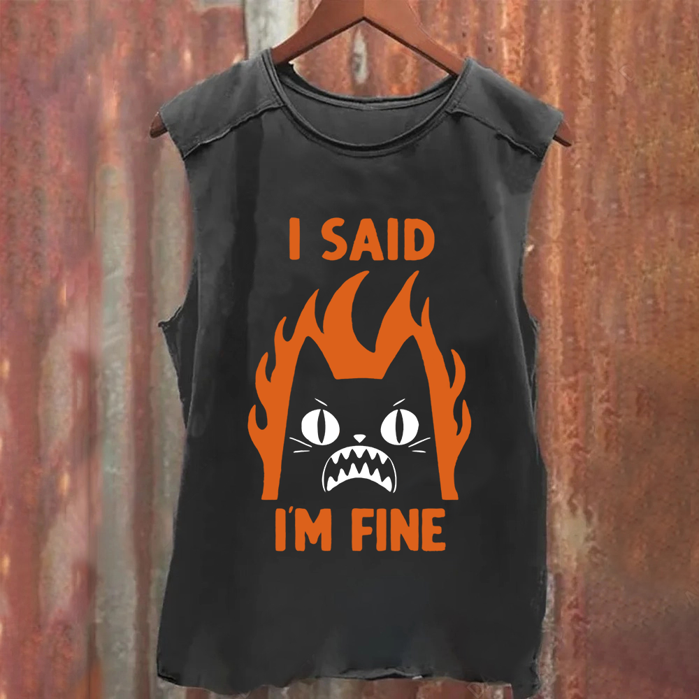 Unisex Vintage Washed I am Fine Cat Tank Top