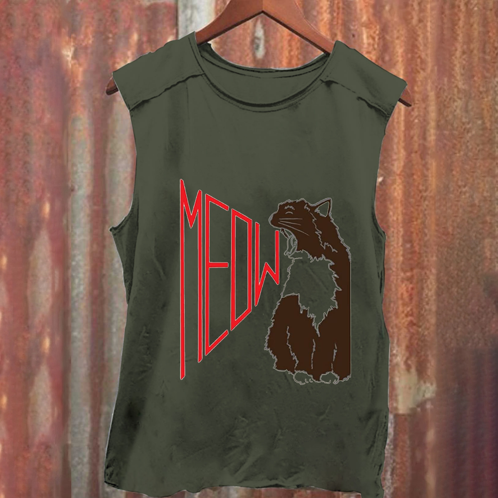 Meow Cat Print Casual Tank Top