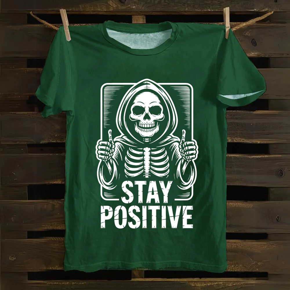 Unisex Vintage  Stay Positive Skeleton Sticker Cotton T-Shirt