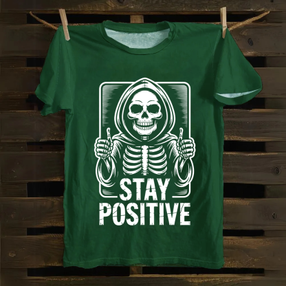 Unisex Vintage  Stay Positive Skeleton Sticker Cotton T-Shirt