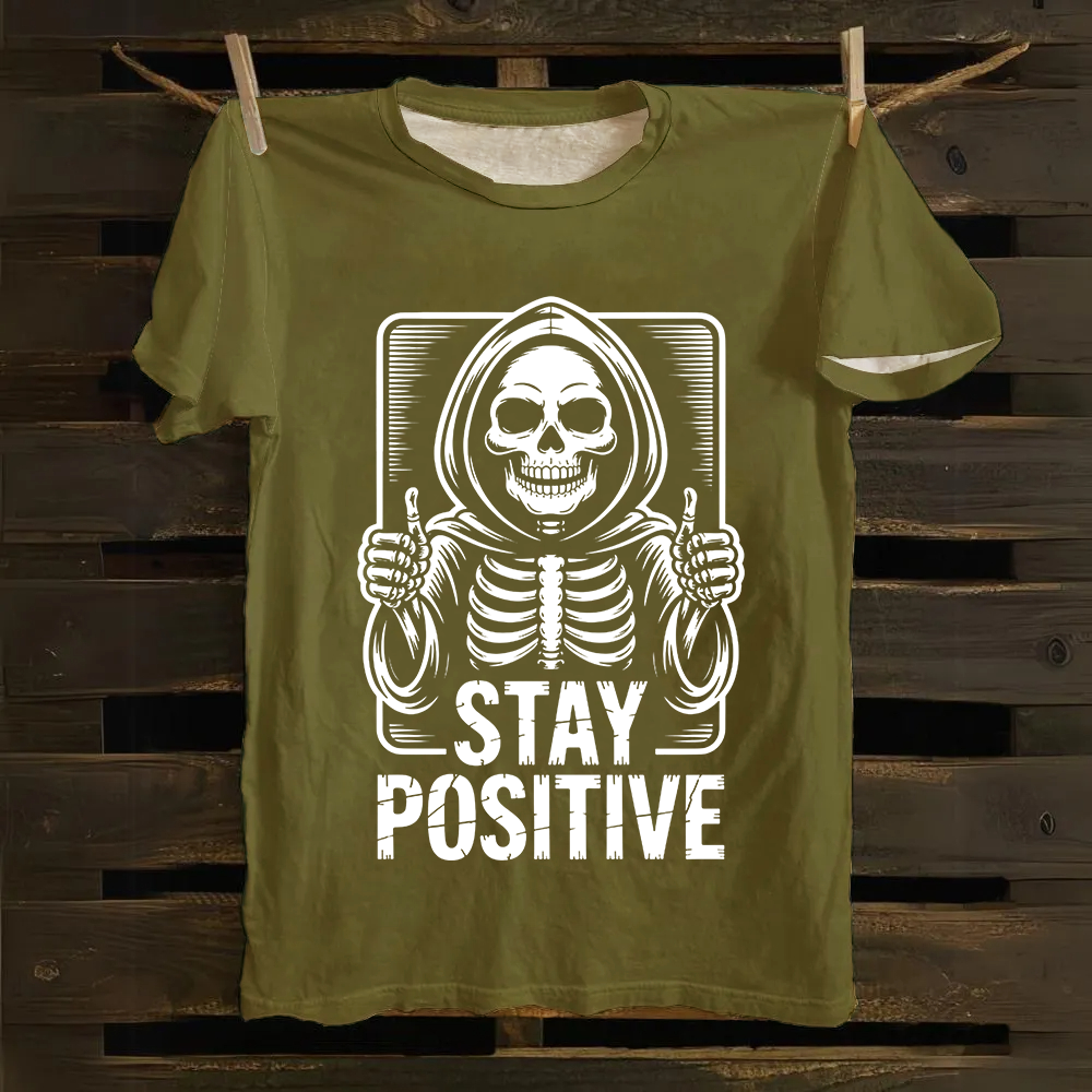 Unisex Vintage  Stay Positive Skeleton Sticker Cotton T-Shirt