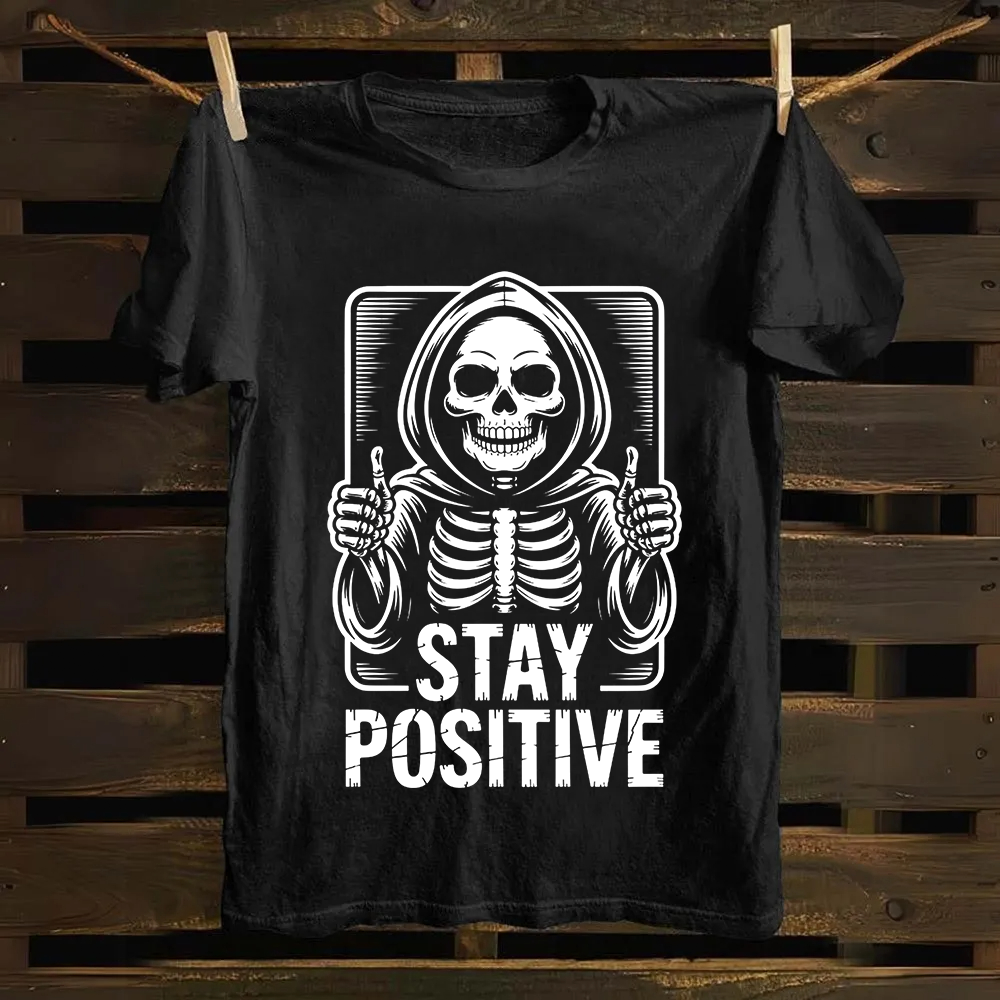 Unisex Vintage  Stay Positive Skeleton Sticker Cotton T-Shirt