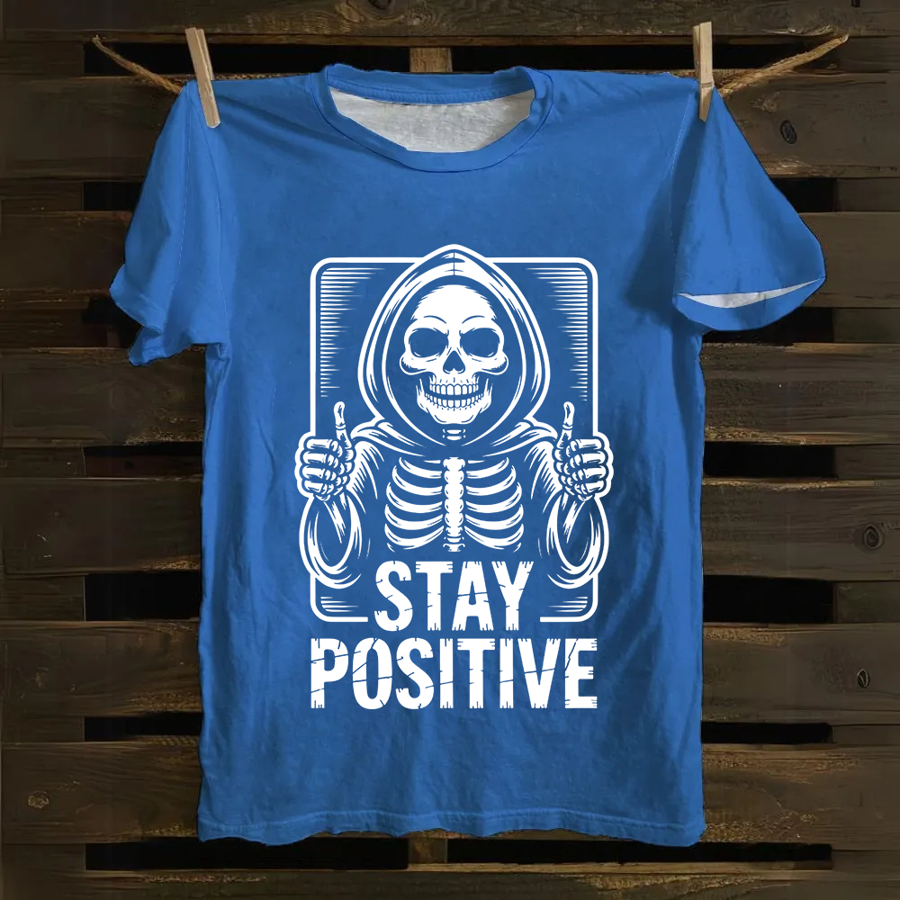 Unisex Vintage  Stay Positive Skeleton Sticker Cotton T-Shirt
