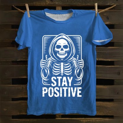 Unisex Vintage  Stay Positive Skeleton Sticker Cotton T-Shirt