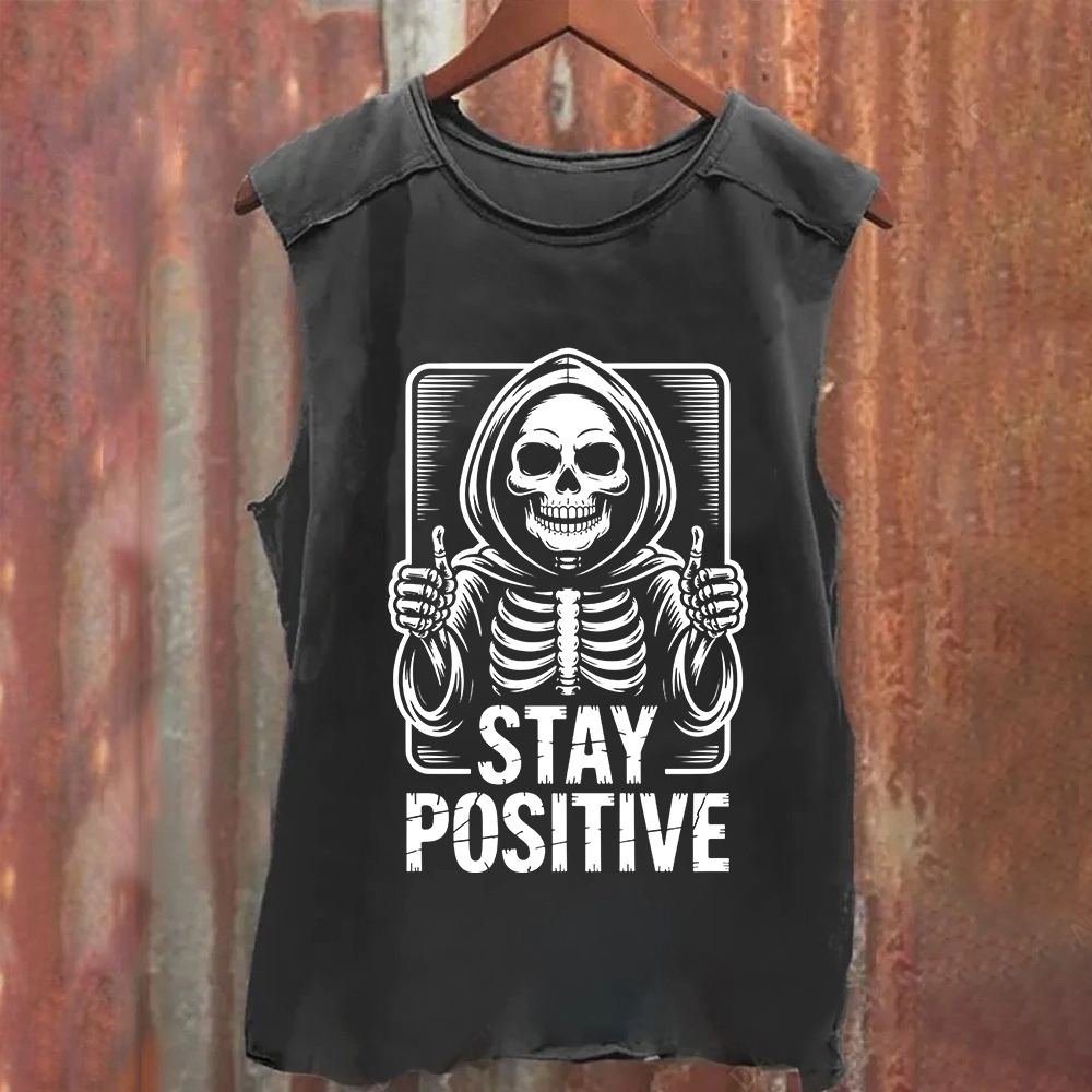 Unisex Vintage Washed  Stay Positive Skeleton Sticker Tank Top