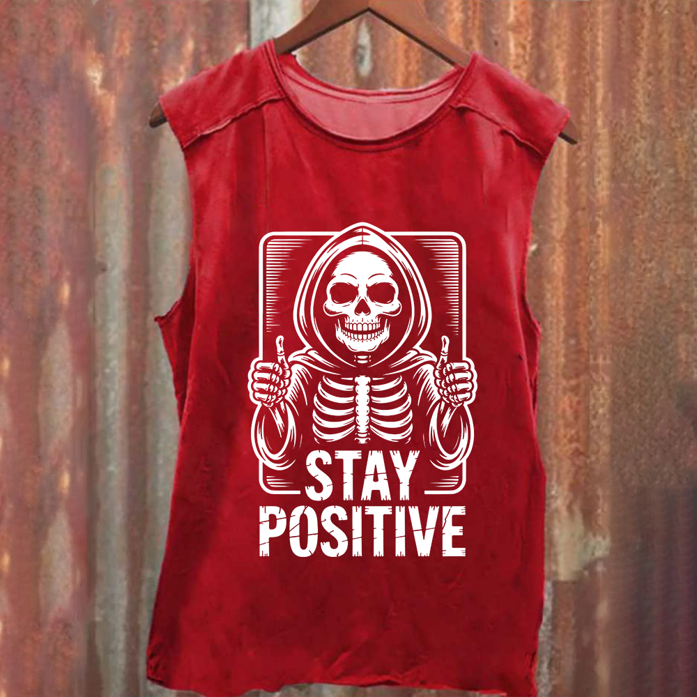 Unisex Vintage Washed  Stay Positive Skeleton Sticker Tank Top