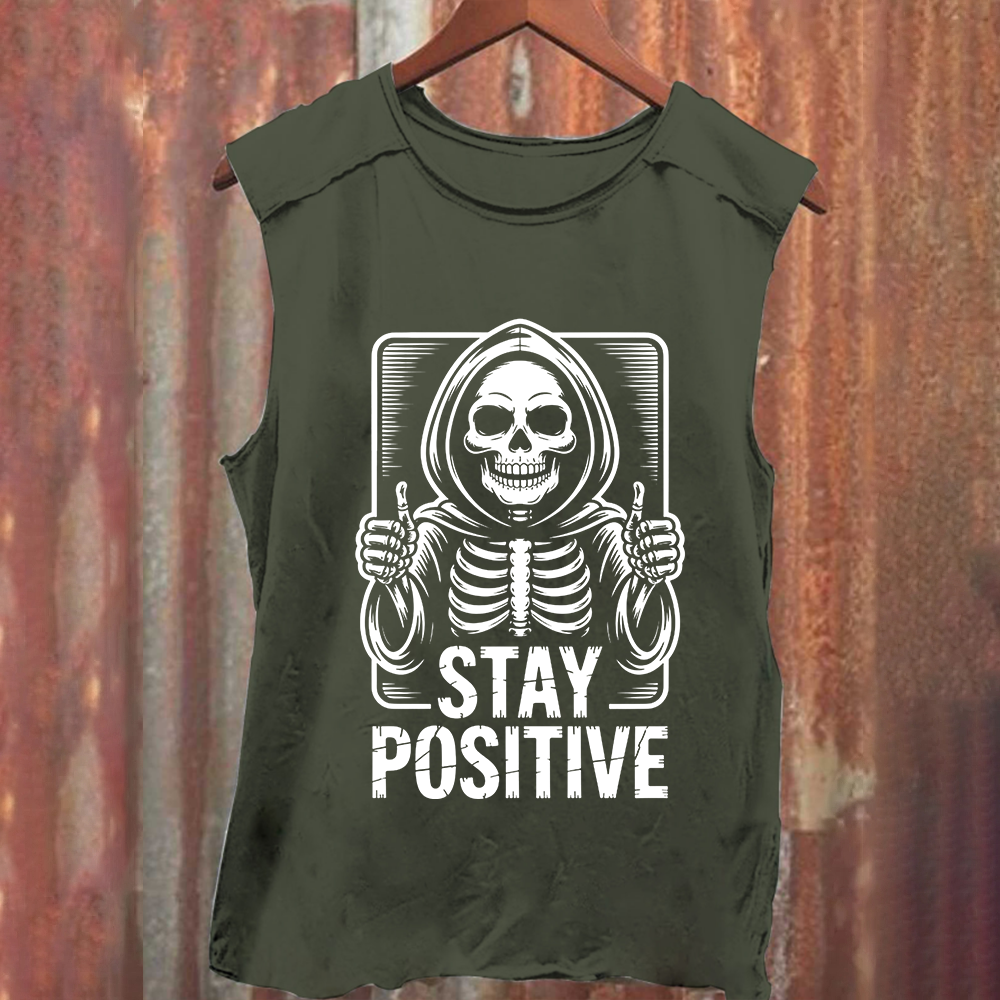 Unisex Vintage Washed  Stay Positive Skeleton Sticker Tank Top