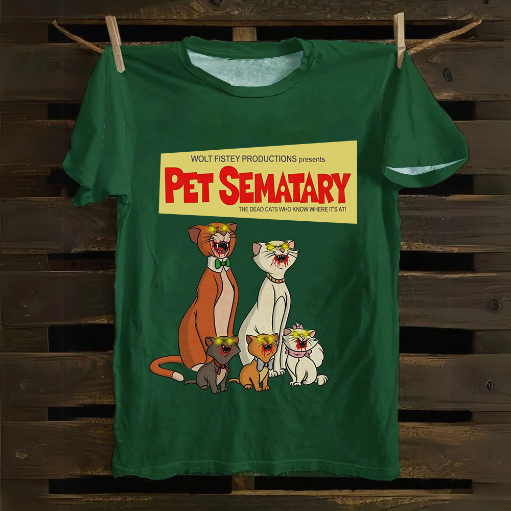 Unisex Vintage Halloween Zombie Cat Pet Sematary Art Print Cotton T-Shirt