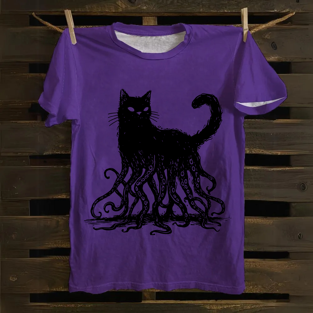 Unisex Vintage Octopus And Black Cat Print cotton T-Shirt