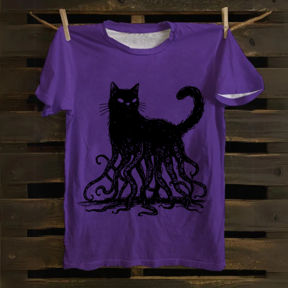Unisex Vintage Octopus And Black Cat Print cotton T-Shirt