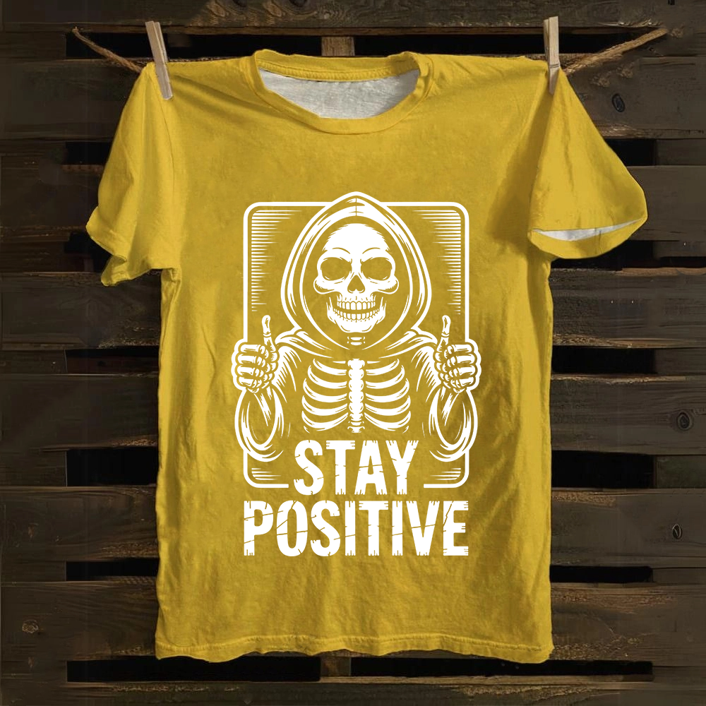 Unisex Vintage  Stay Positive Skeleton Sticker Cotton T-Shirt