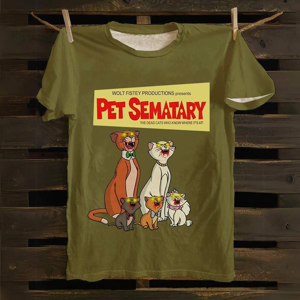 Unisex Vintage Halloween Zombie Cat Pet Sematary Art Print Cotton T-Shirt