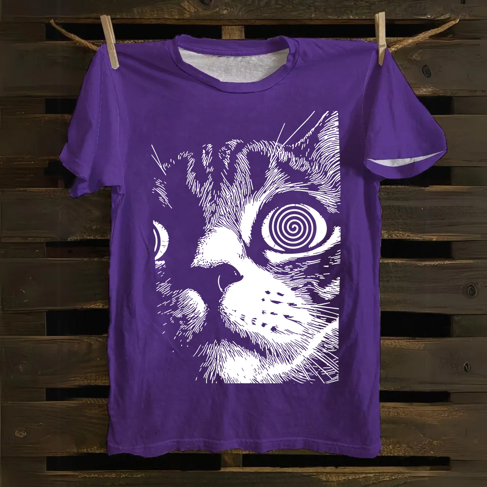 Psychedelic Cat Graphic Print Cotton T-Shirt