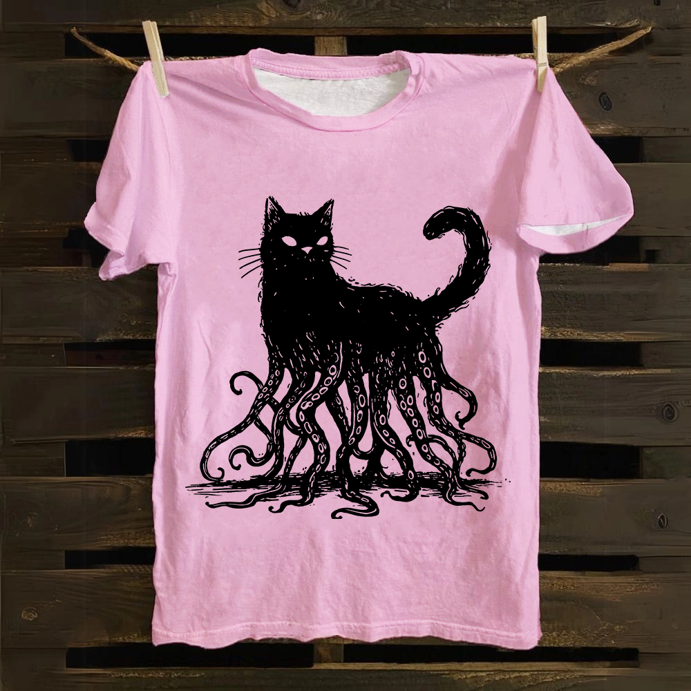 Unisex Vintage Octopus And Black Cat Print cotton T-Shirt