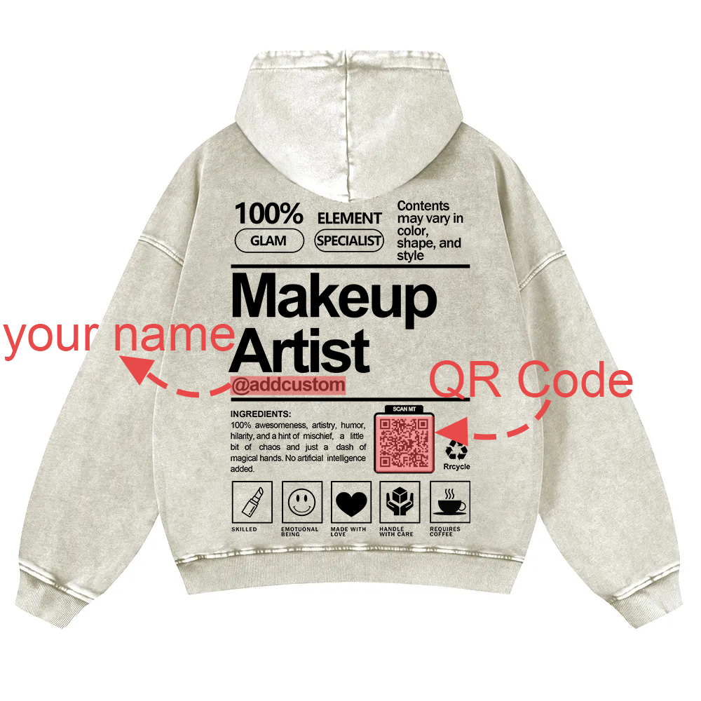 Wearishow Makeup Artist Addcustom QR Code Casual Washed Hoodie