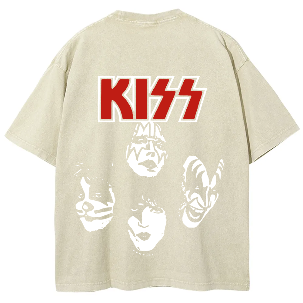 Unisex washed Kiss Rock Heavy Metal Band T-shirt