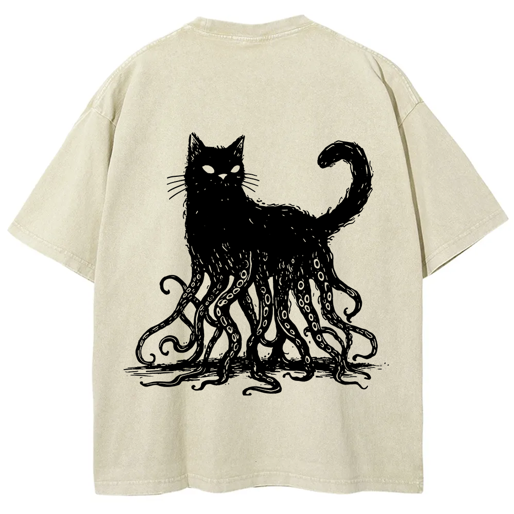 Unisex Vintage Washed Octopus And Black Cat Print T-Shirt