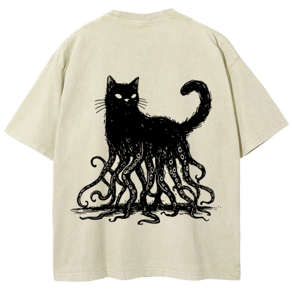 Unisex Vintage Washed Octopus And Black Cat Print T-Shirt
