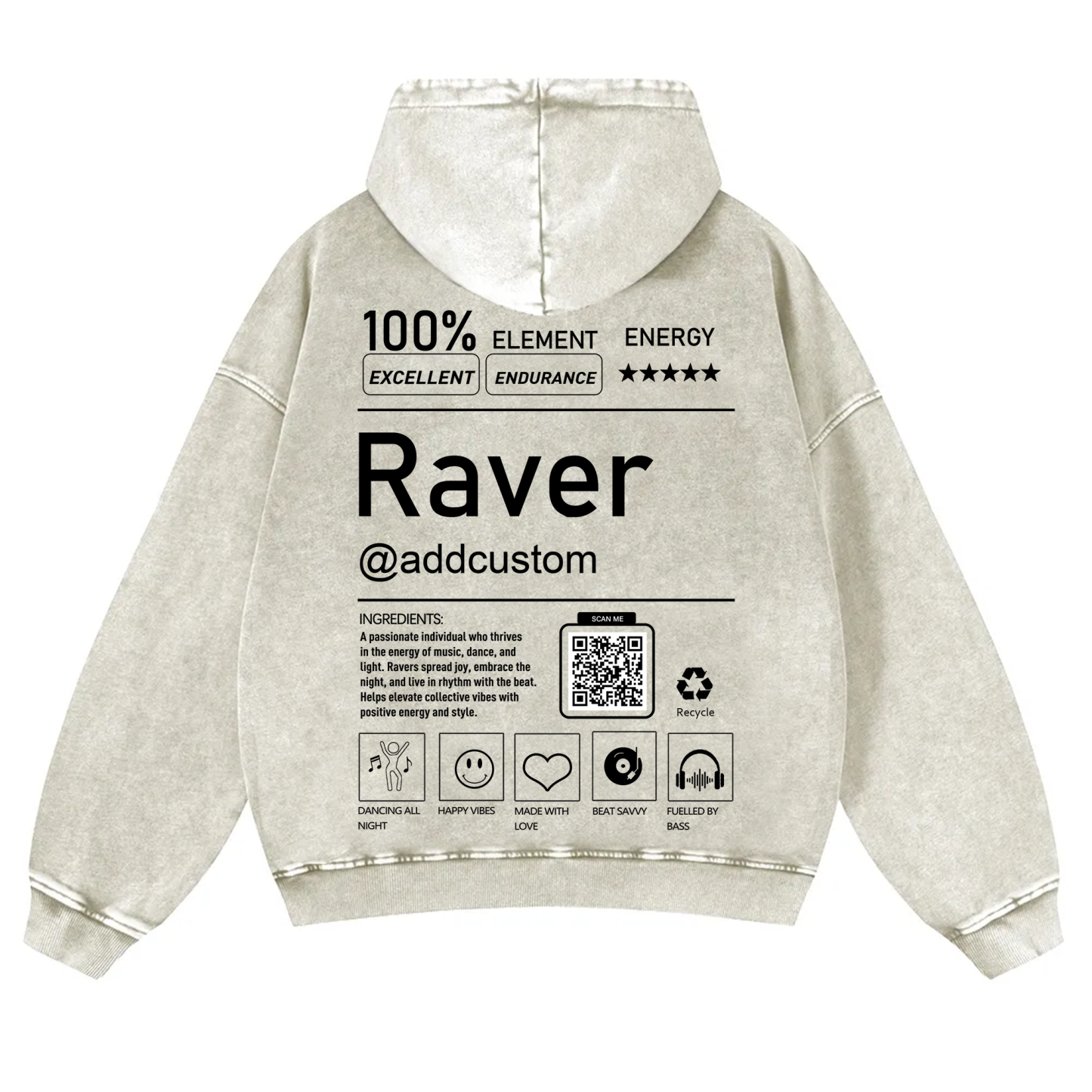 Addcustom QR Code Raver Casual Washed Hoodie wearishow