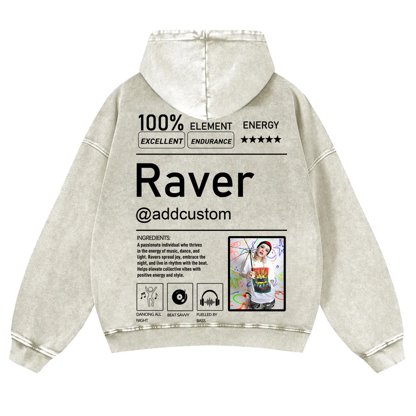 Addcustom  Photo Raver Casual Washed Hoodie wearishow