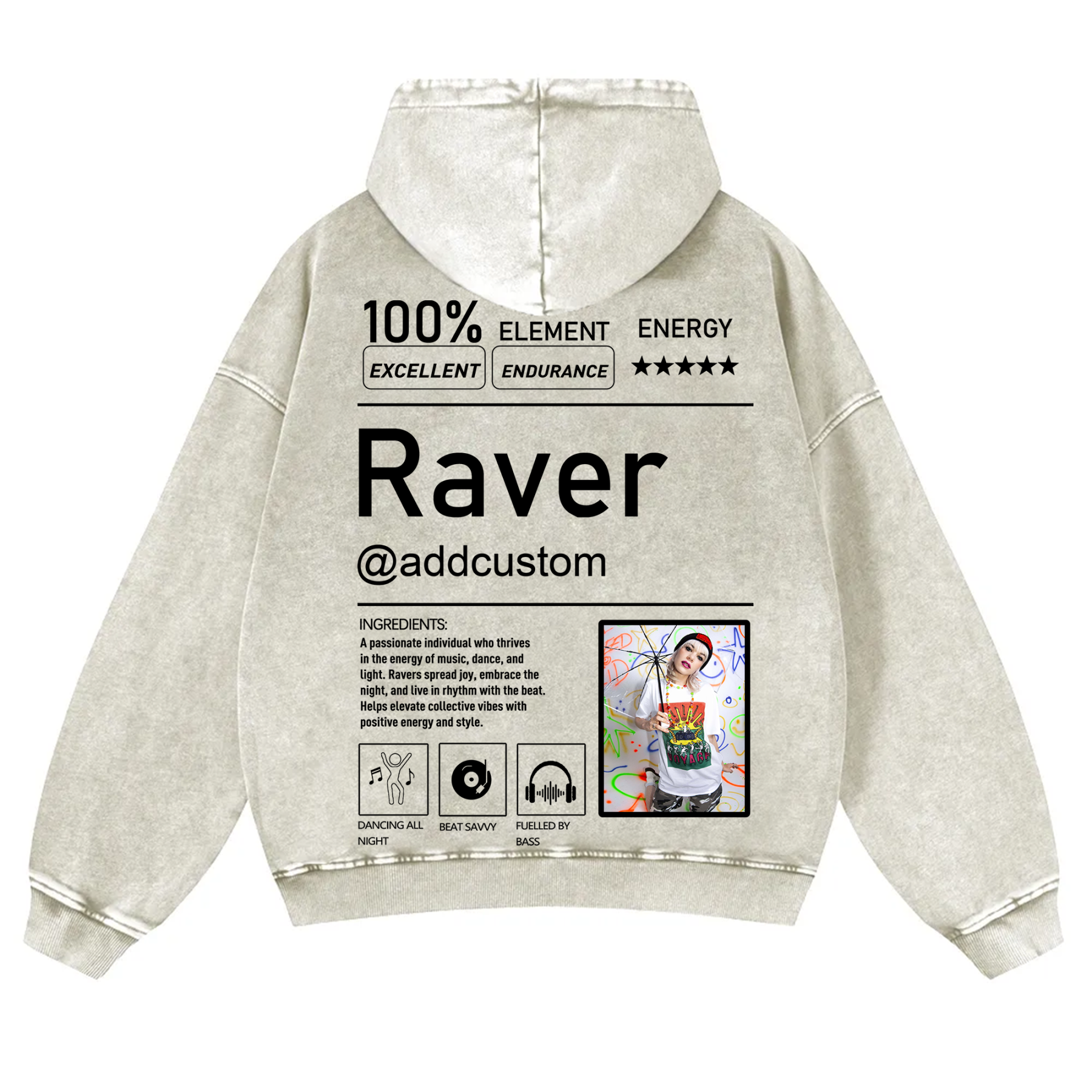 Addcustom  Photo Raver Casual Washed Hoodie wearishow