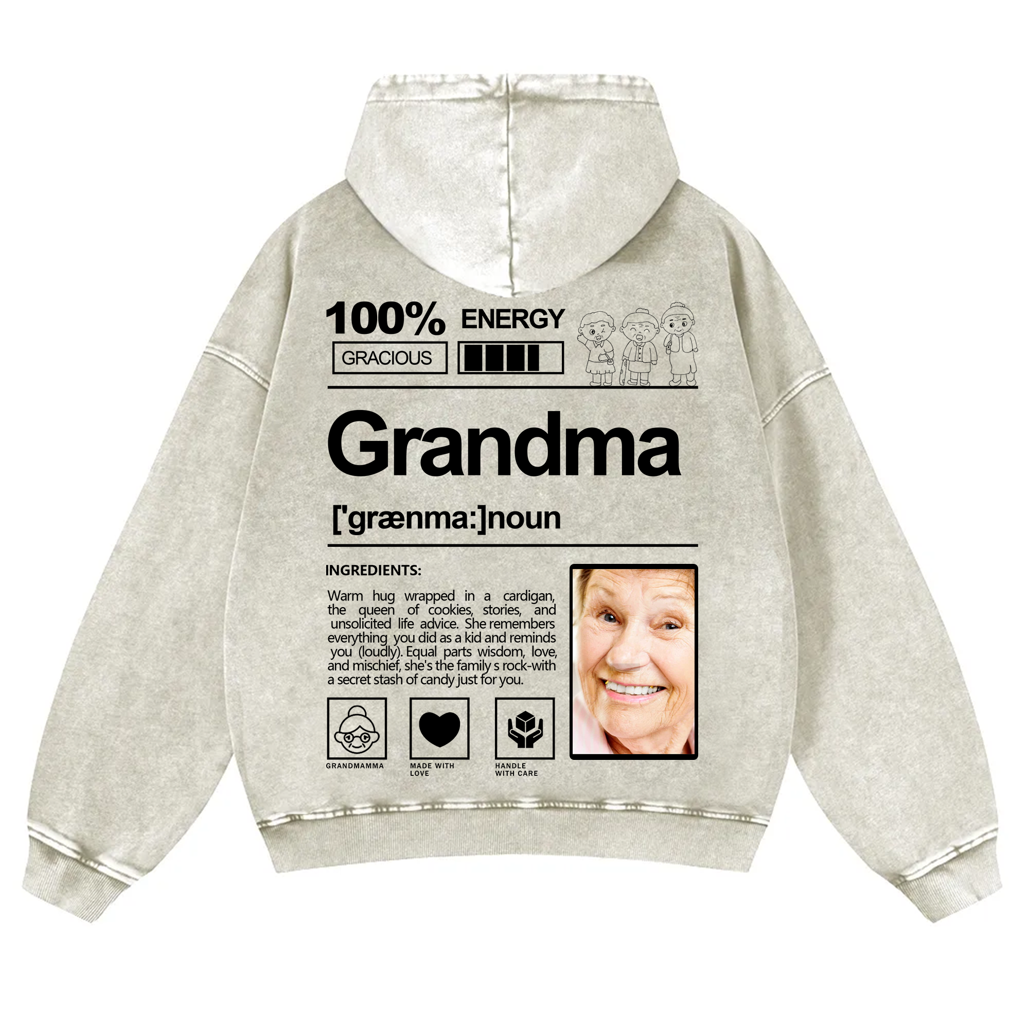 Addcustom Photo Grandma Vintage Washed Hoodie