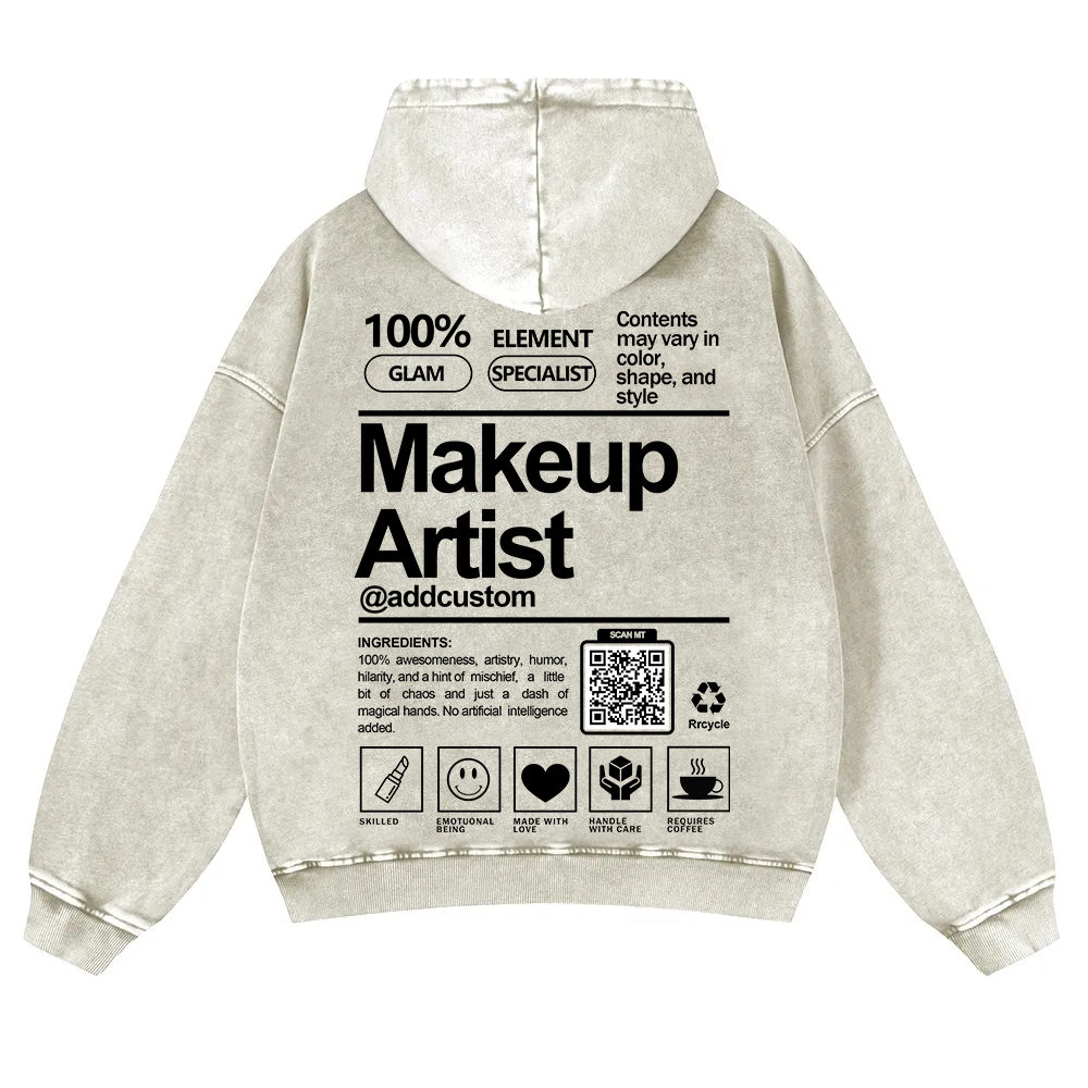 Wearishow Makeup Artist Addcustom QR Code Casual Washed Hoodie