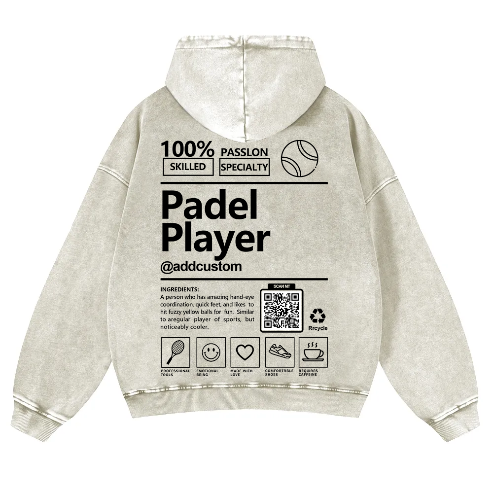 Padel player Addcustom QR Code Casual Washed Hoodie wearishow