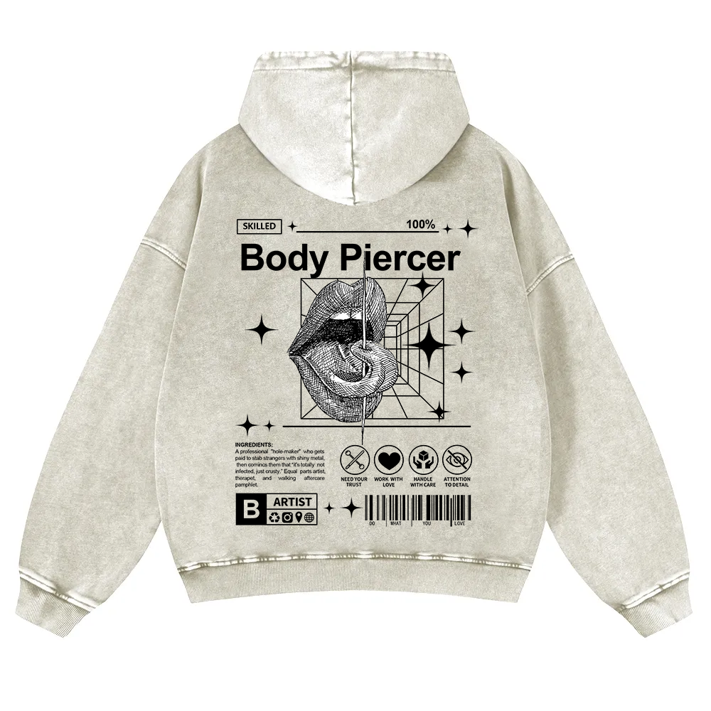 Body Piercer Casual Washed Hoodie wearishow