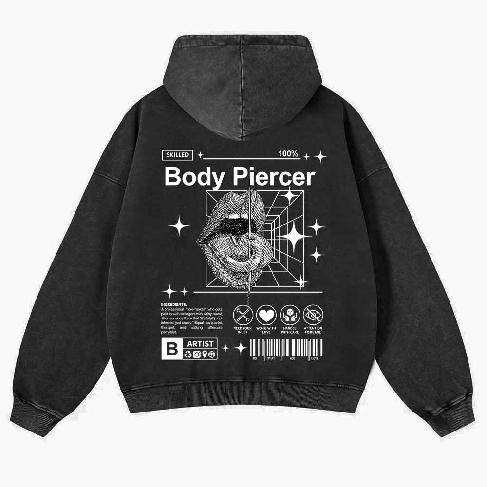 Body Piercer Casual Washed Hoodie wearishow