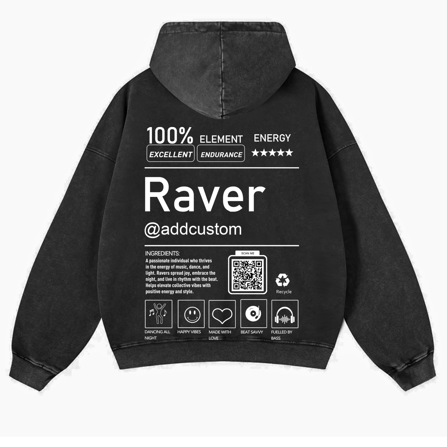 Addcustom QR Code Raver Casual Washed Hoodie wearishow