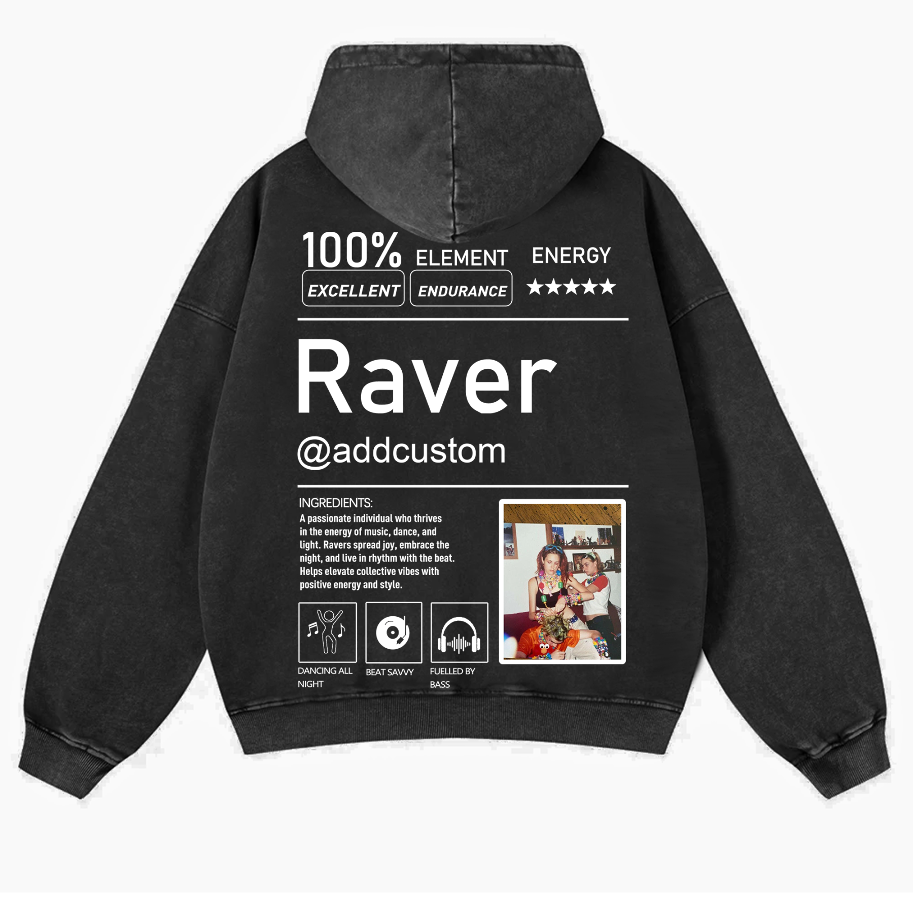 Addcustom  Photo Raver Casual Washed Hoodie wearishow