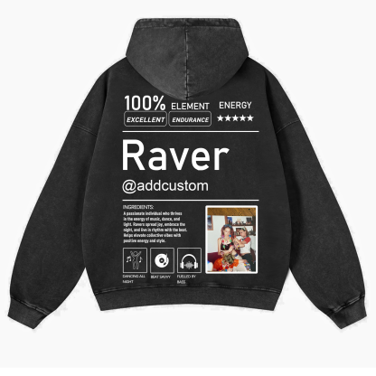 Addcustom  Photo Raver Casual Washed Hoodie wearishow