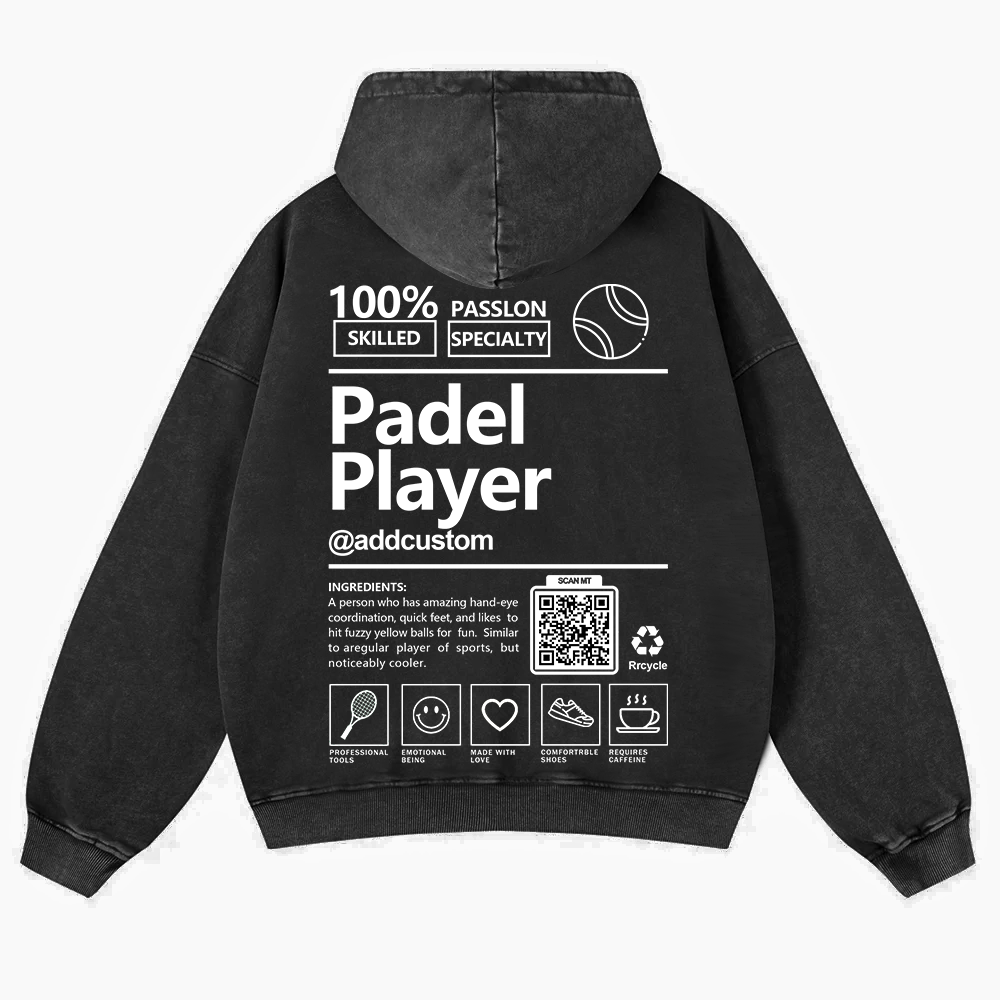 Padel player Addcustom QR Code Casual Washed Hoodie wearishow