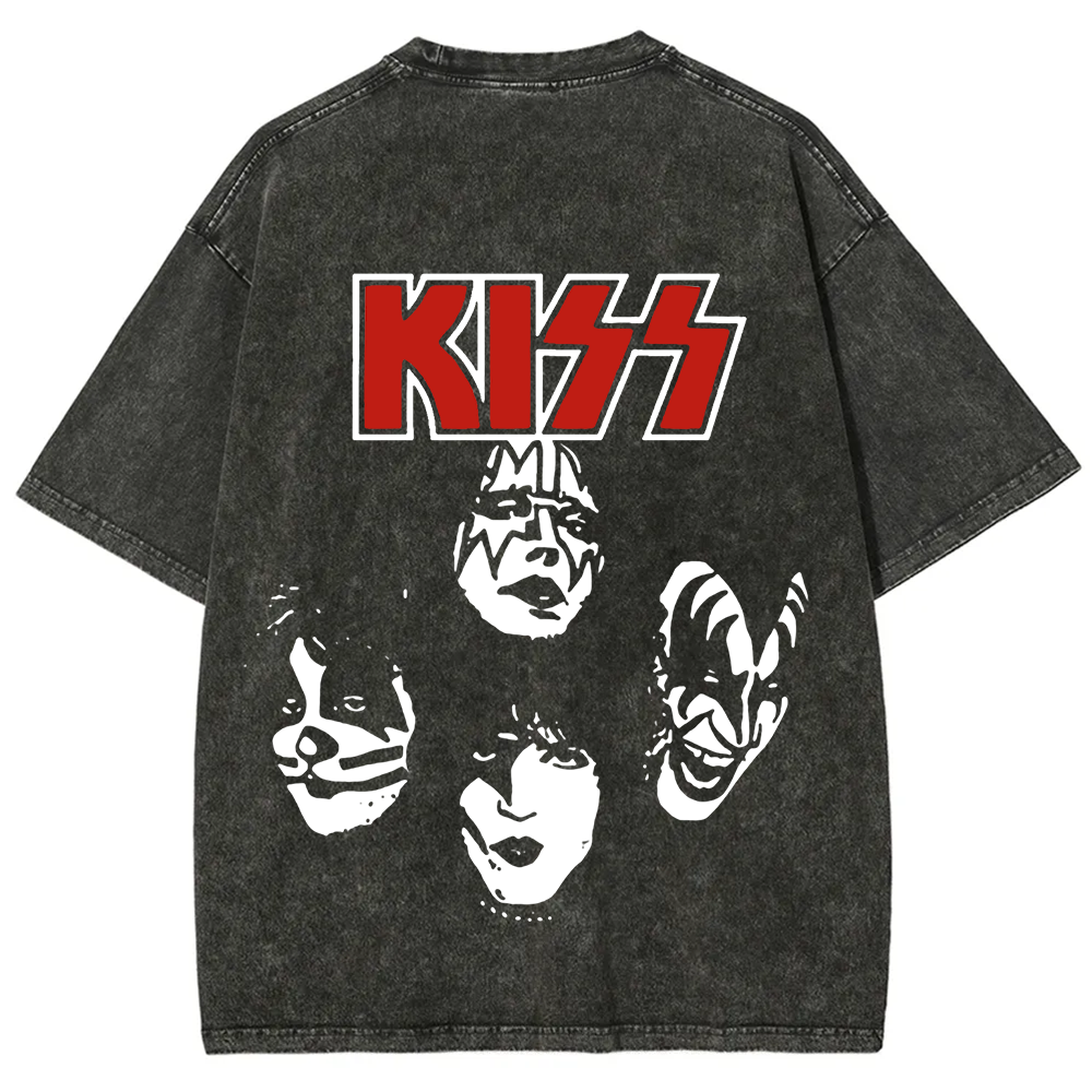Unisex washed Kiss Rock Heavy Metal Band T-shirt
